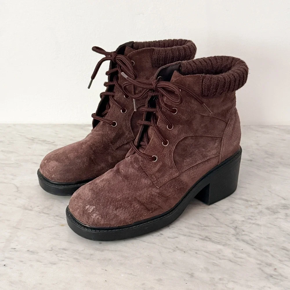 Links Suede Ankle Boots Knit Collar Lace Up Brown Chunky Block Heel Lug Sole 8.5